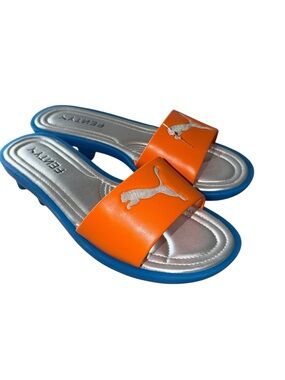 Puma Fenty Bright Orange Slide Sandals with Blue Outsole